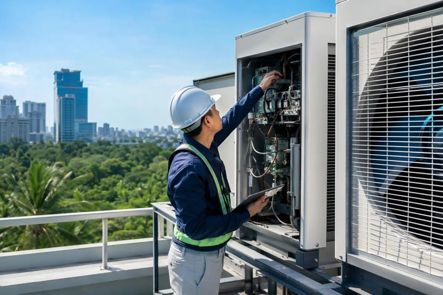 Técnica revisando un sistema moderno de climatización