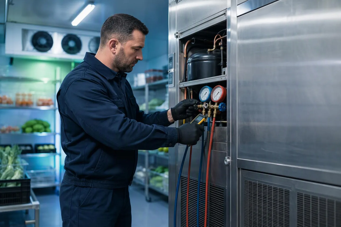 Técnico trabajando en un sistema de refrigeración comercial